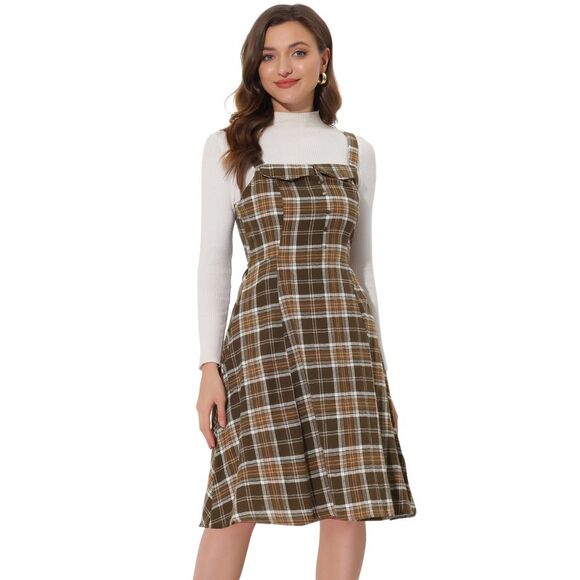 Plaid Vintage Sleeveless Tie Waist A-Line Overall Pinafore Dresses Brown - Picture 1 of 5